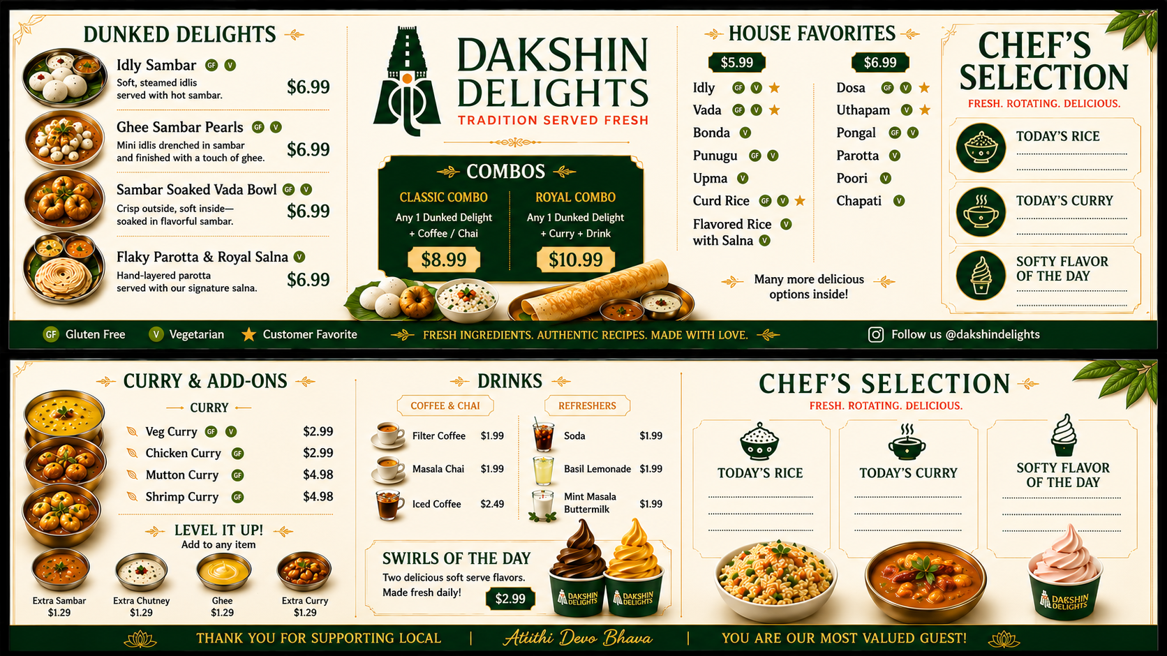 Dakshin Delights full menu board